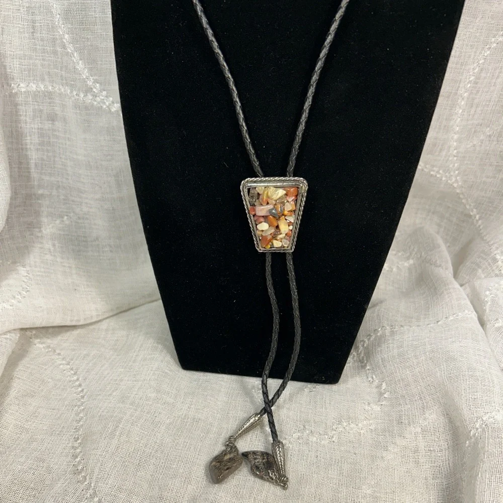 Vintage Bolo tie western leather, ornate medallion natural agate, jasper, etc